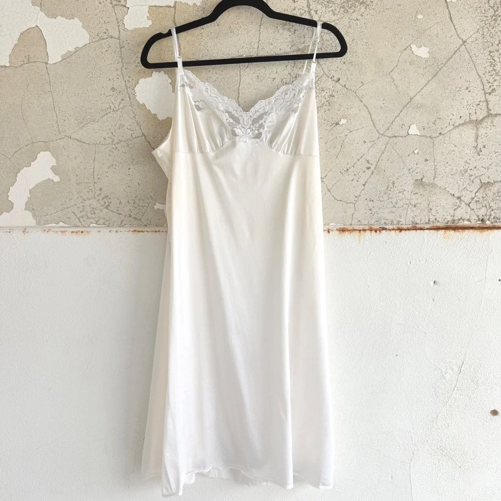 Vtg 90s Slip Dress Chemise Nightgown White Lace Bridal Vassarette‎ Made in USA L